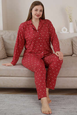 Puantiyeli Düğmeli Büyük Beden Pijama Takımı Gül Kurusu - Kadın Pijama Takımı