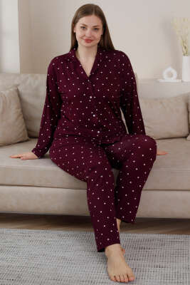 Puantiyeli Düğmeli Büyük Beden Pijama Takımı Mor 