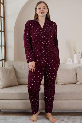 Puantiyeli Düğmeli Büyük Beden Pijama Takımı Mor - Pijama