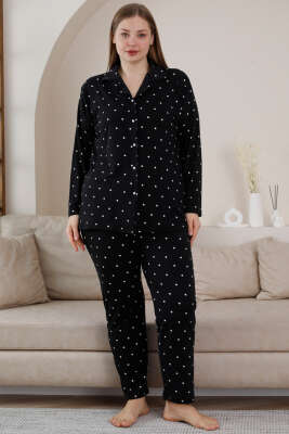 Puantiyeli Düğmeli Büyük Beden Pijama Takımı Siyah - Kadın Pijama Takımı