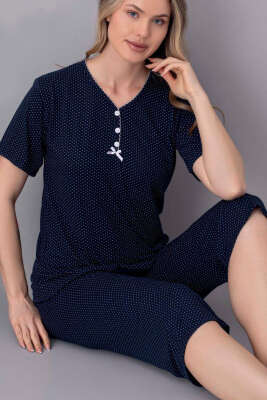 Puantiyeli Düğmeli Kapri Pijama Takımı Lacivert - Kadın Pijama Takımı