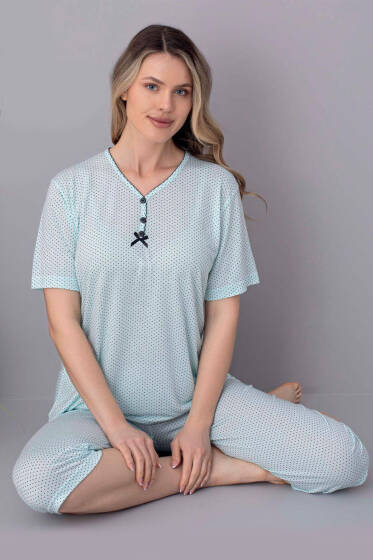Puantiyeli Düğmeli Kapri Pijama Takımı Mint - Pijama