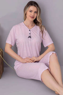 Puantiyeli Düğmeli Kapri Pijama Takımı Pembe 
