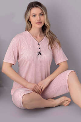 Puantiyeli Düğmeli Kapri Pijama Takımı Yavru Ağzı 