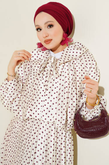 Puantiyeli Etekli İkili Takım Ekru Bordo - İkili Takım