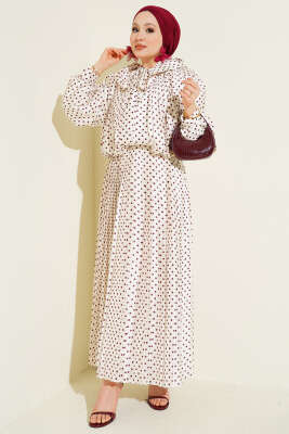 Puantiyeli Etekli İkili Takım Ekru Bordo - İkili Takım