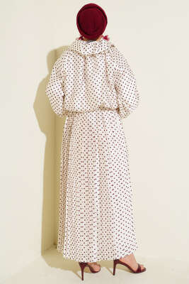 Puantiyeli Etekli İkili Takım Ekru Bordo - İkili Takım