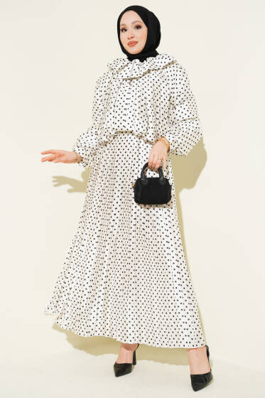 Puantiyeli Etekli İkili Takım Ekru Siyah - İkili Takım