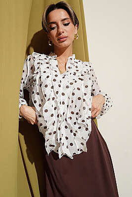 Puantiyeli Fırfırlı Bluz Beyaz - HELLIE