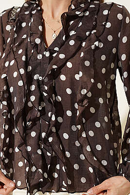 Puantiyeli Fırfırlı Bluz Kahve - Kadın Giyim Modelleri