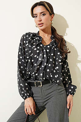 Puantiyeli Fırfırlı Bluz Siyah - HELLIE