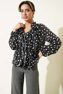 Puantiyeli Fırfırlı Bluz Siyah - Kadın Giyim Modelleri