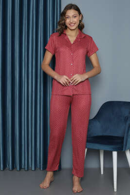 Puantiyeli Gömlek Yaka Kısa Kol Pijama Takım Gül Kurusu - Kadın Pijama Takımı
