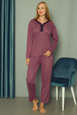 Puantiyeli Kadın Pijama Takımı Mor - Thumbnail
