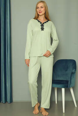 Puantiyeli Kadın Pijama Takımı Su Yeşili - Thumbnail