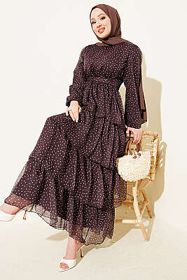 Puantiyeli Kat Kat Şifon Elbise Acı Kahve - MUSTİ