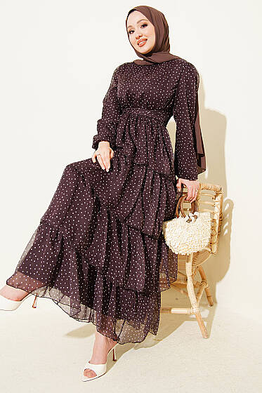 Puantiyeli Kat Kat Şifon Elbise Acı Kahve - Elbise