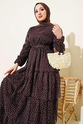 Puantiyeli Kat Kat Şifon Elbise Acı Kahve - Elbise