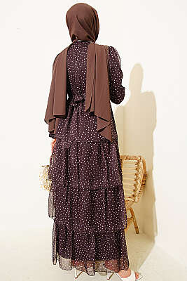 Puantiyeli Kat Kat Şifon Elbise Acı Kahve - Elbise