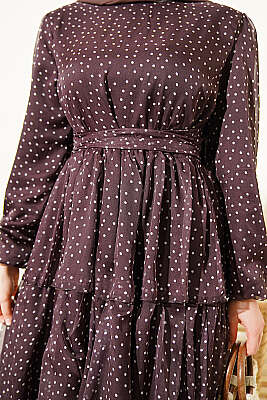 Puantiyeli Kat Kat Şifon Elbise Acı Kahve - Elbise