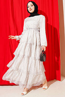 Puantiyeli Kat Kat Şifon Elbise Ekru - MUSTİ