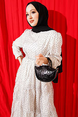 Puantiyeli Kat Kat Şifon Elbise Ekru - Elbise