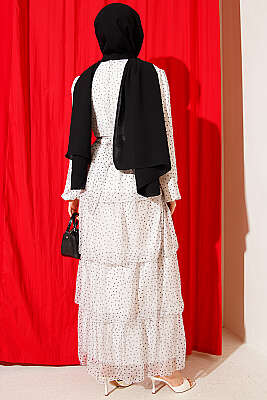 Puantiyeli Kat Kat Şifon Elbise Ekru - Elbise