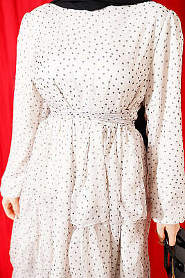 Puantiyeli Kat Kat Şifon Elbise Ekru - Elbise