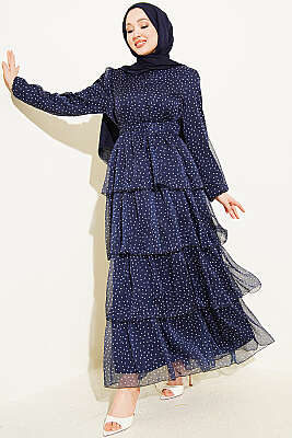 Puantiyeli Kat Kat Şifon Elbise Lacivert - MUSTİ