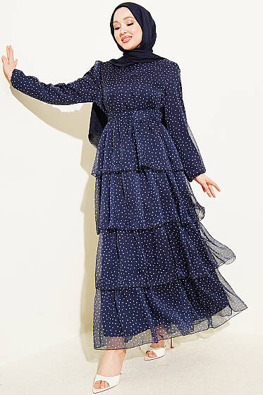 Puantiyeli Kat Kat Şifon Elbise Lacivert - Elbise