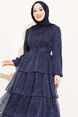 Puantiyeli Kat Kat Şifon Elbise Lacivert - Elbise