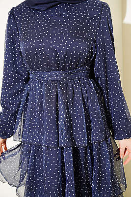 Puantiyeli Kat Kat Şifon Elbise Lacivert - Elbise