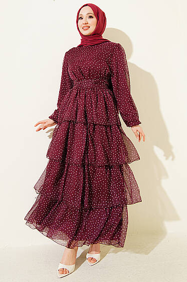 Puantiyeli Kat Kat Şifon Elbise Mürdüm - Elbise