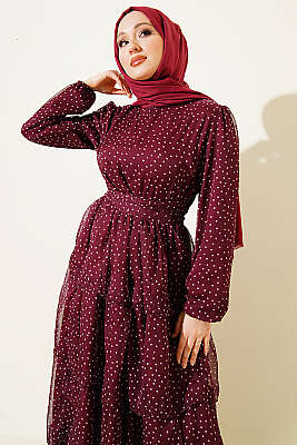 Puantiyeli Kat Kat Şifon Elbise Mürdüm - Elbise