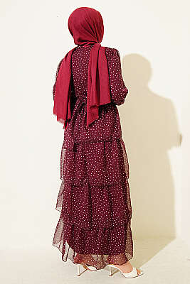 Puantiyeli Kat Kat Şifon Elbise Mürdüm - Elbise