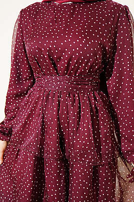 Puantiyeli Kat Kat Şifon Elbise Mürdüm - Elbise