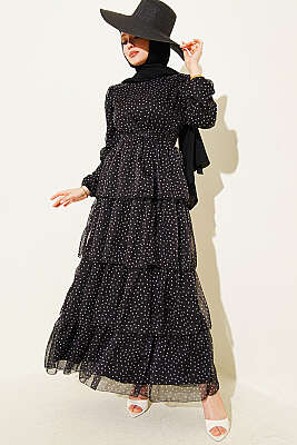 Puantiyeli Kat Kat Şifon Elbise Siyah - MUSTİ