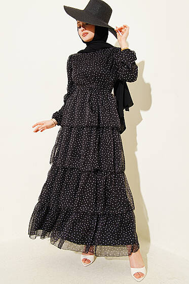 Puantiyeli Kat Kat Şifon Elbise Siyah - Elbise