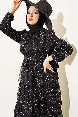 Puantiyeli Kat Kat Şifon Elbise Siyah - Elbise