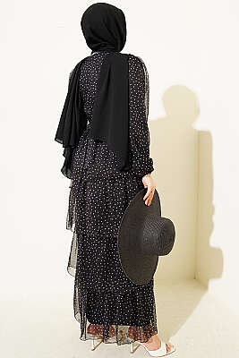 Puantiyeli Kat Kat Şifon Elbise Siyah - Elbise