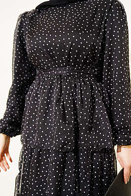 Puantiyeli Kat Kat Şifon Elbise Siyah - Elbise