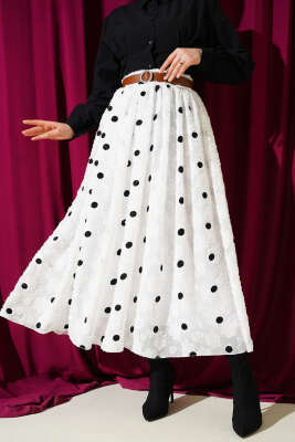 Puantiyeli Kemerli Etek Beyaz - TABLO FASHİON