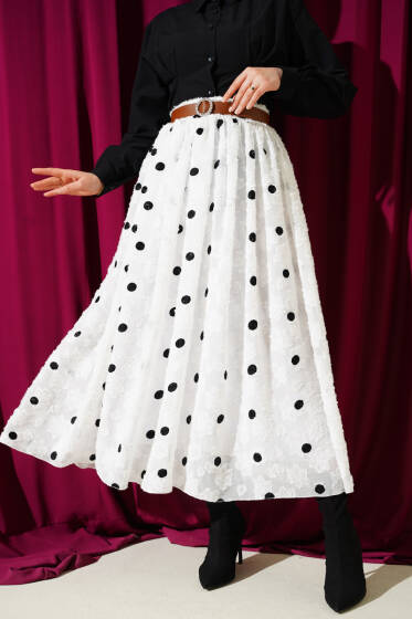 Puantiyeli Kemerli Etek Beyaz - Etek