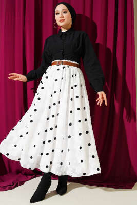 Puantiyeli Kemerli Etek Beyaz - Etek