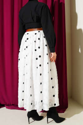 Puantiyeli Kemerli Etek Beyaz - Etek
