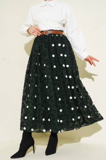 Puantiyeli Kemerli Etek Haki - Etek