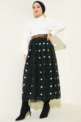 Puantiyeli Kemerli Etek Haki - Etek