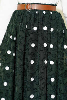 Puantiyeli Kemerli Etek Haki - Etek