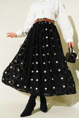 Puantiyeli Kemerli Etek Siyah - TABLO FASHİON