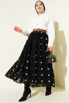Puantiyeli Kemerli Etek Siyah - Etek